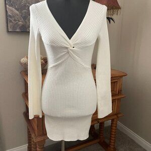 Papermoon Ribbed Knit, V Neck, Front Twist Tie Dress, Cream, Small